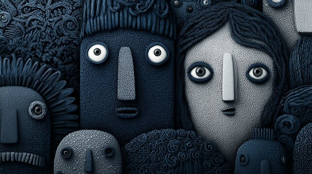 clay-like faces in shades of blue and gray are arranged closely together with wide eyes and simple features. The textured artwork creates a whimsical yet slightly eerie group portrait.