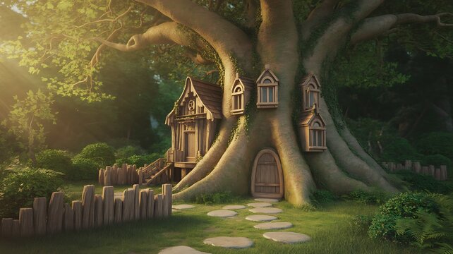 Whimsical treehouse village in forest with pathway and fence