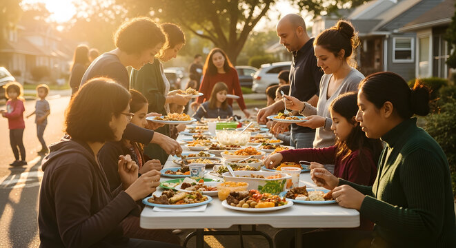 A long table filled with various dishes and many people of different ages eating together on a residential street during a golden sunset