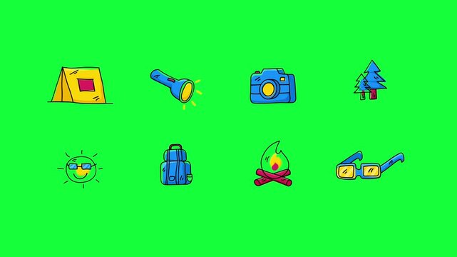 Hand drawn camping icon set animation featuring tent, flashlight, camera, tree, sun, backpack, bonfire, and sunglasses. Doodle style motion graphics on green screen chroma key and white background