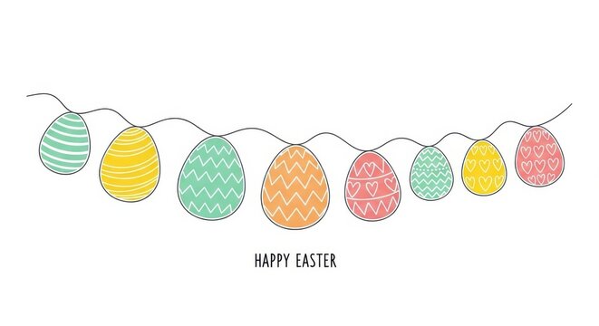 Isolated on white background easter eggs garland with happy easter text in a colorful and festive illustration