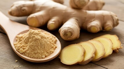 Fototapeta premium Ginger root powder on wooden spoon with slices and roots