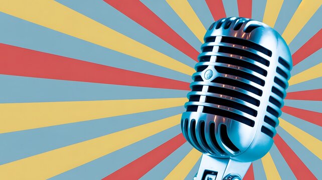 Vintage blue microphone on colorful sunburst background