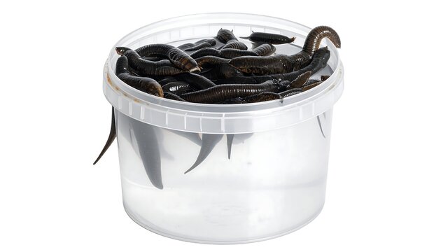 A close-up view presents a transparent bucket brimming with numerous dark-bodied, segmented creatures submerged in clear liquid