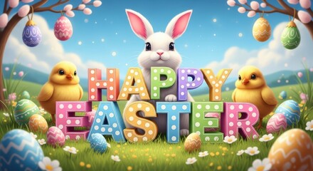 Obraz premium Colorful easter scene with bunny and chicks in a field of eggs and flowers on a blue sky background
