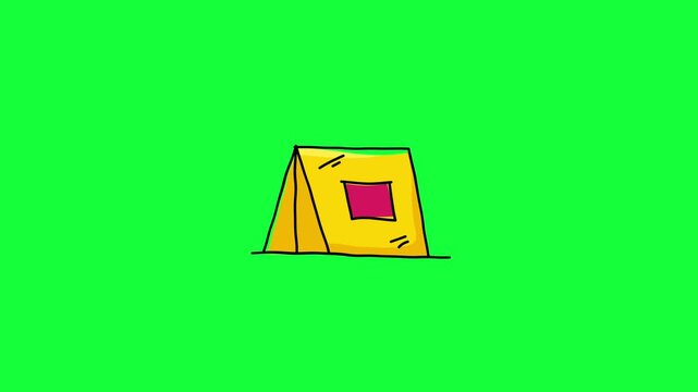 Hand-drawn camping tent animation in doodle style.green screen (chroma key) and white background.Perfect for outdoor adventure, summer camp, and travel motion graphic