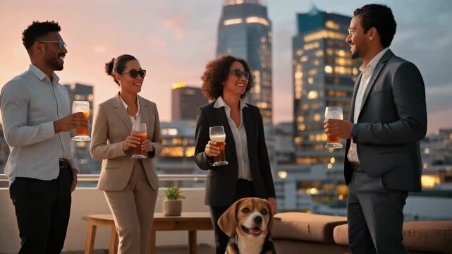 Business professionals enjoying rooftop drinks with dog during sunset in urban city setting