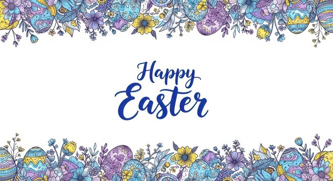 Colorful easter eggs and flowers border with happy easter text on white background