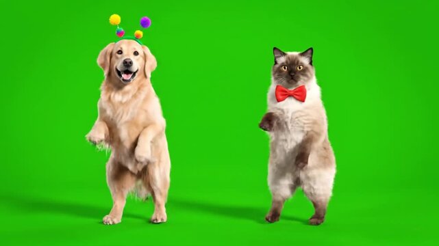 3D animated joyful dog and cat dancing happily in front of green screen The dog wears a colorful fun headband and the cat features a charming bow tie They perform rhythmic dance steps including spins 