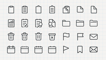Obraz premium Icons of folders, documents, and flags. Simple folder icons, document icons, and flag icons. Perfect for organizing files and tasks. Folder, document, flag. User interface icons, UI icon vector set.