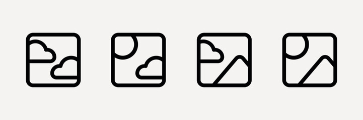 Obraz premium Minimalist icons set featuring clouds, sun, and mountains. Each icon is outlined, depicting clouds, sun, and mountains in a simple, clean style. User interface icons, UI icon vector set.