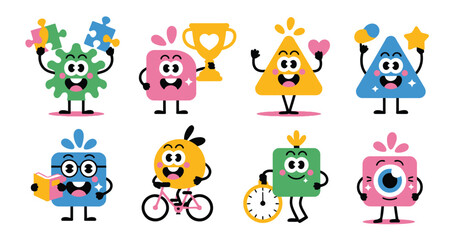 Obraz premium Cute abstract kid character vector collection, happy geometric figures with symbols like heart, puzzle, trophy, magnifying glass, and bicycle, flat childlike doodle style for educational 