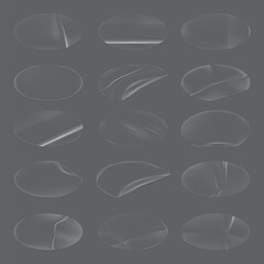 A set of 16 transparent glass textures on a gray background. Each glass texture is unique, showing different shapes and reflections. Perfect for design projects. Sticker element vector set.