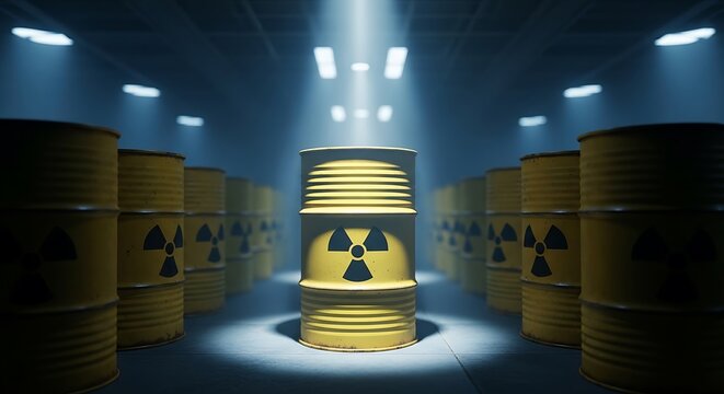 Radioactive waste barrels are stored in a dark industrial warehouse facility
