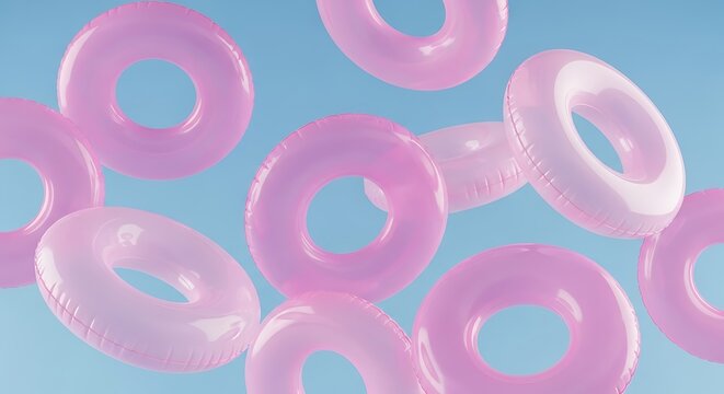 Pink inflatable pool rings floating against a soft blue gradient background