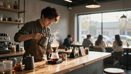 Young Barista Pouring Hot Coffee in Cozy Cafe