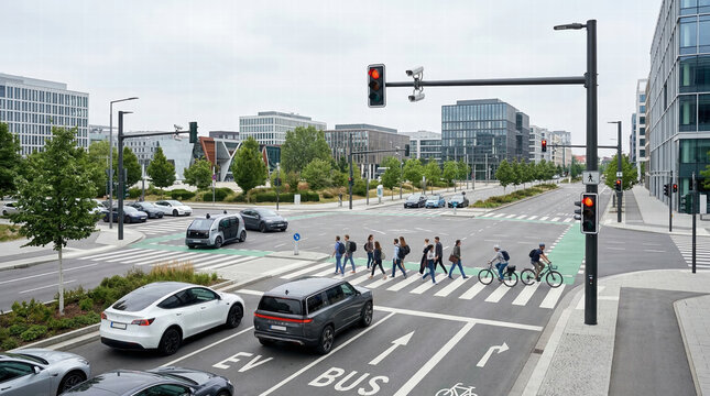 Pedestrians And Cyclists Crossing Smart City Intersection With EV Bus And Bicycle Lanes In Modern Urban Transportation Infrastructure