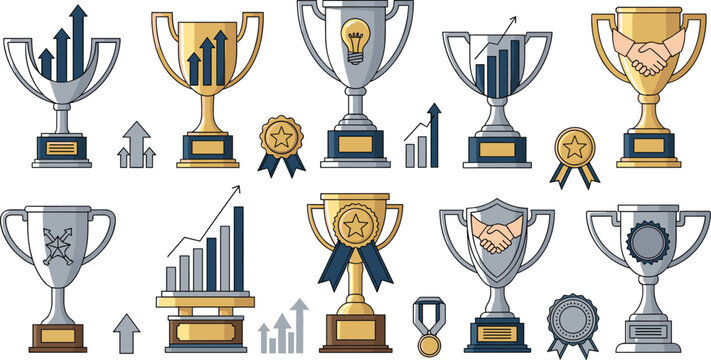 Business achievement trophy icon set with success growth charts award cup leadership partnership illustration collection