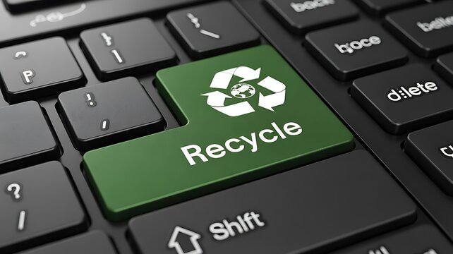 Close-up of green recycle button on computer keyboard