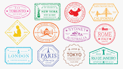 Colorful travel stamps featuring cities like New York, Tokyo, Paris, and Sydney. Stamps include iconic landmarks and dates, perfect for travel-themed designs. Colorful travel stamps, vector set. © Rawpixel.com
