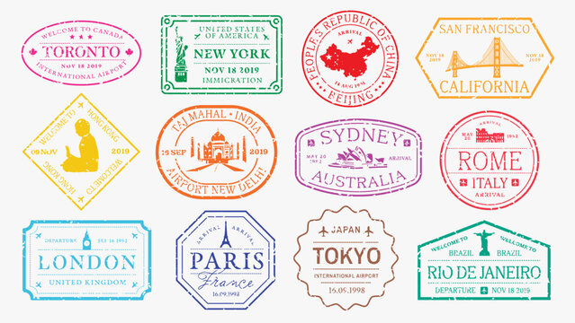 Colorful travel stamps featuring cities like New York, Tokyo, Paris, and Sydney. Stamps include iconic landmarks and dates, perfect for travel-themed designs. Colorful travel stamps, vector set.