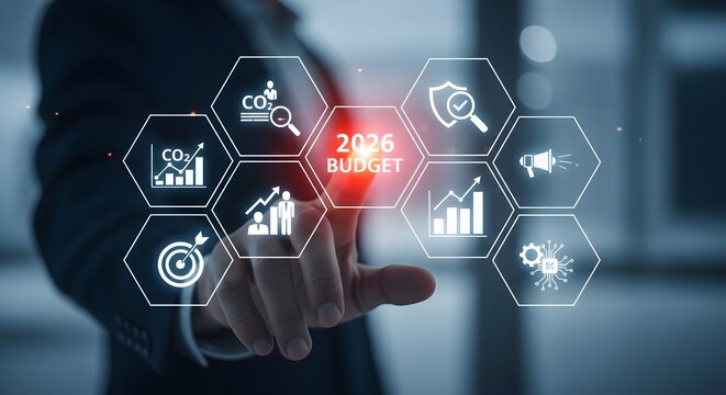 Close-up of a businessman's hand interacting with a virtual 2026 budget interface with various financial icons in a dark office.