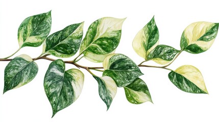 Fototapeta premium Variegated Epipremnum Aureum Plant Branch with Green and White Leaves on White Background