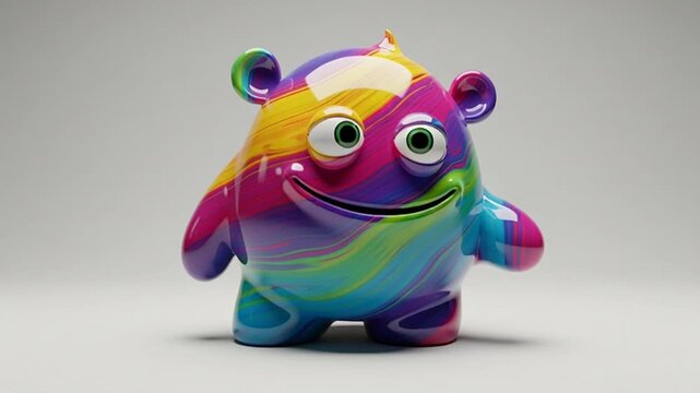 A colorful illustration of a smiling monster toy with swirling patterns on its body stands alone