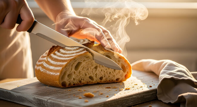 A person uses a sharp bread knife to slice through a freshly baked loaf of sourdough bread releasing visible steam on a wooden surface