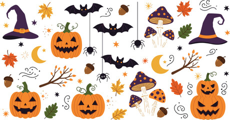 Halloween elements illustration set with pumpkin bat witch hat mushrooms spider moon autumn leaves spooky collection © Rubya