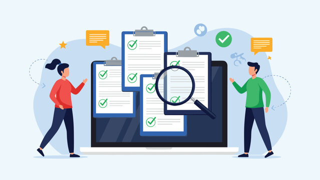 Man and woman standing beside a giant laptop screen displaying multiple checklists being inspected by a magnifying glass.