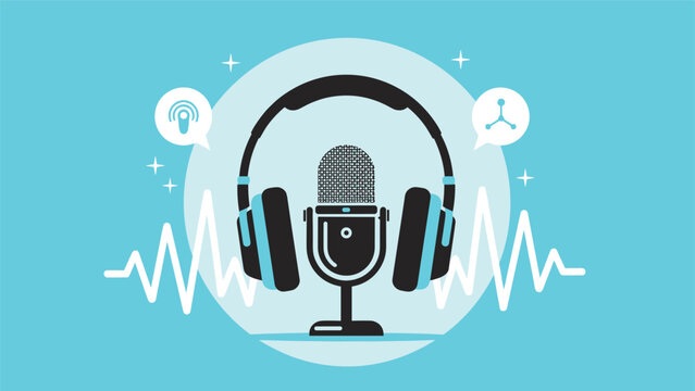 Professional studio microphone and headphones with sound wave visualization symbolize podcasting, radio broadcasting, and audio recording.
