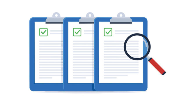 Group of three clipboards with checklists being viewed through a magnifying glass depicts rigorous data audit and task review.