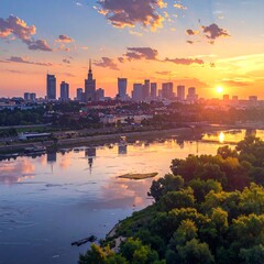 Fototapeta premium A serene cityscape at sunset with a river and lush greenery (3)