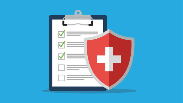 Medical health record and insurance coverage concept with a clipboard containing a checklist next to a red shield with a white medical cross.