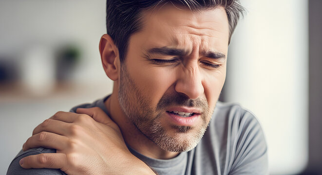 Man grimacing in pain, clutching his sore shoulder, highlighting discomfort and potential injury