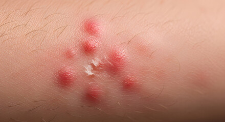 Fototapeta premium Close-up view of a cluster of red, inflamed pimples on human skin, possibly indicating a breakout or skin irritation