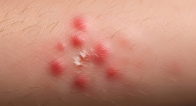 Close-up view of a cluster of red, inflamed pimples on human skin, possibly indicating a breakout or skin irritation