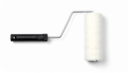 Paint roller with black handle, white foam, angled metal frame
