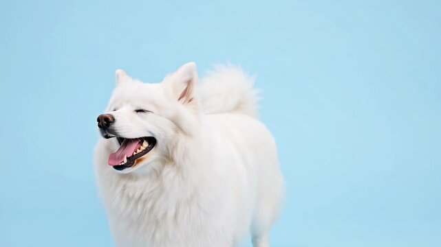 Fluffy white Samoyed dog captured mid-bark or laugh with eyes closed against a bright solid light blue background suggesting joy and energy.