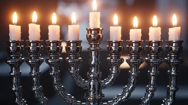 Menorah Candles Lit for Hanukkah Celebration.