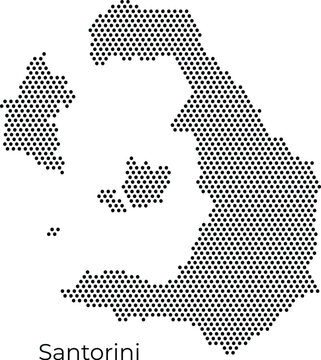 Minimalist black dotted vector map of Santorini island, Greece. Modern point pattern archipelago silhouette for travel, Mediterranean geography, and tourism infographic design.