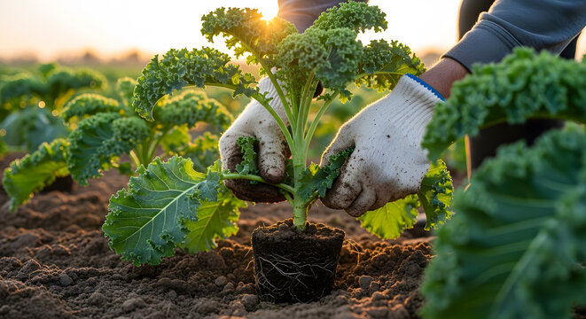 Close up of hands in protective gloves carefully setting a young curly kale plant into the ground during a golden sunset on a sustainable farm