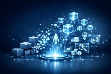 Fototapeta premium Futuristic technology and innovation concept with glowing blue cubes and icons