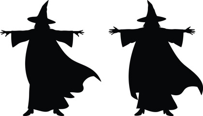Fototapeta premium Two black silhouettes of a witch wearing a pointed hat and a long flowing robe with arms outstretched