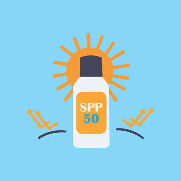 SPF 50 Sunscreen Bottle with Sun Rays UV Protection Summer Skincare Concept Vector