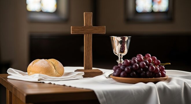 Maundy thursday table setting with bread grapes and cross