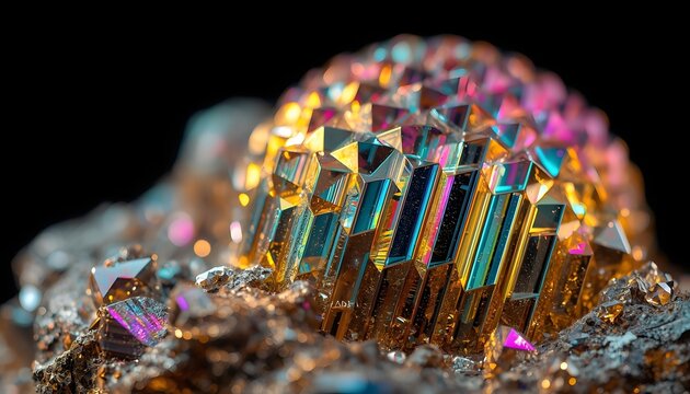 Macro shot of colorful iridescent Bismuth crystal with geometric structures