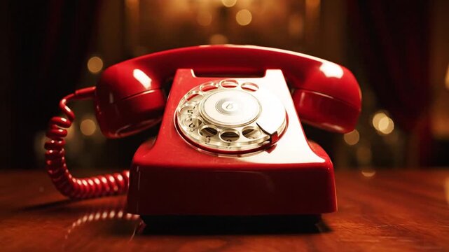 Vintage red rotary dial telephone on wooden desk, retro communication concept