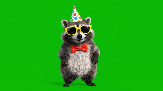 Playful raccoon dancing happily with exaggerated joyful movements raccoon character wearing party hat sunglasses and bow tie expressive smile excited eyes fluffy detailed fur realistic 3D lighting vib